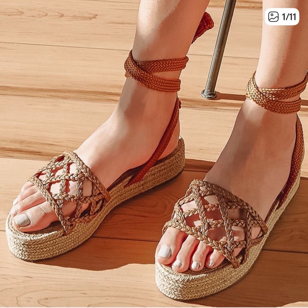 SCHUTZ Bryna Platform Tan Braided Espadrille Tie Sandals